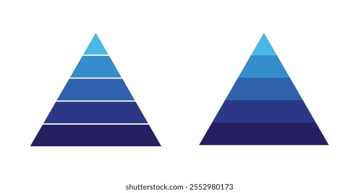 Vector de icono de diagrama de infografía de gráfico piramidal. Gráfico piramidal de 5 niveles. 5 niveles paso a paso con colores para el concepto de negocio. Icono de ilustración de estilo plano de Vector Formas elemento de infografía. 