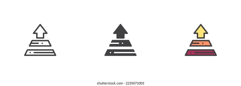 Pyramid chart growth different style icon set. Line, glyph and filled outline colorful version, pyramid arrow up outline and filled vector sign. Symbol, logo illustration. Vector graphics