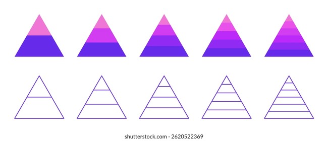 Pyramid chart set. Infographics template with 2, 3, 4, 5, 6 steps. Triangular layer diagram.