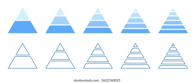 Pyramid chart set. Infographics template with 2, 3, 4, 5, 6 steps. Triangular layer diagram.