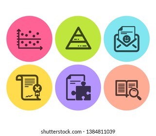 Pyramid chart, Strategy and Reject certificate icons simple set. Dot plot, Smile and Search text signs. Report analysis, Puzzle. Technology set. Flat pyramid chart icon. Circle button. Vector