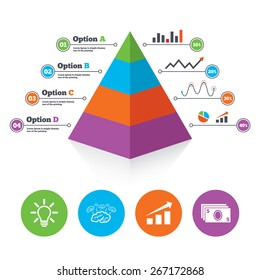 Pyramid chart template. Chart with arrow, brainstorm icons. Cash money and lamp idea signs. Scheme and Diagram symbol. Infographic progress diagram. Vector