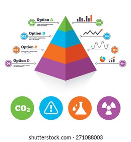 Pyramid chart template. Attention and radiation icons. Chemistry flask sign. CO2 carbon dioxide symbol. Infographic progress diagram. Vector