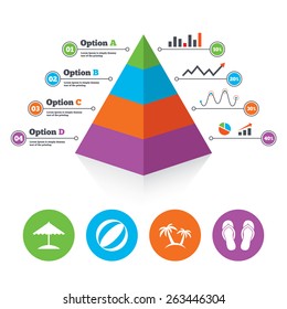 Pyramid chart template. Beach holidays icons. Ball, umbrella and flip-flops sandals signs. Palm trees symbol. Infographic progress diagram. Vector 