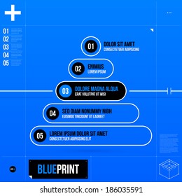 Pyramid chart template in blueprint style with five stages. EPS10.