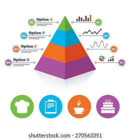 Pyramid chart template. Coffee cup icon. Chef hat symbol. Birthday cake signs. Document file. Infographic progress diagram. Vector