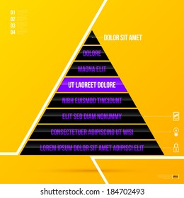 Pyramid chart template with eight options on bright yellow background. EPS10