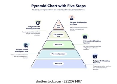 Plantilla de gráfico pirámide con cinco pasos coloridos. Diagrama creativo dividido en cinco pasos con íconos minimalistas.