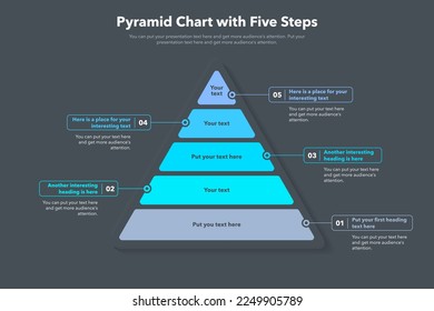 Pyramid chart template with five colorful steps - dark version. Creative diagram divided into five steps.