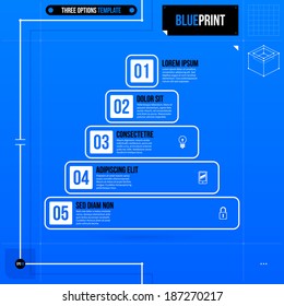 Pyramid chart template with five stages in blueprint style. EPS10