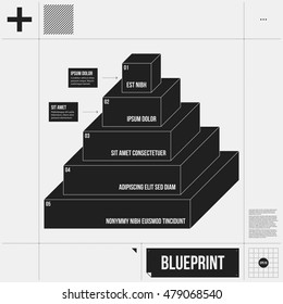 Pyramid chart template with five stages in draft style. EPS10