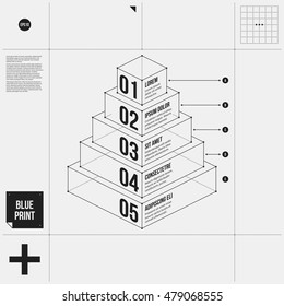 Pyramid chart template with five stages in draft style. EPS10