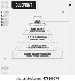 Pyramid chart template with five stages in draft style. EPS10