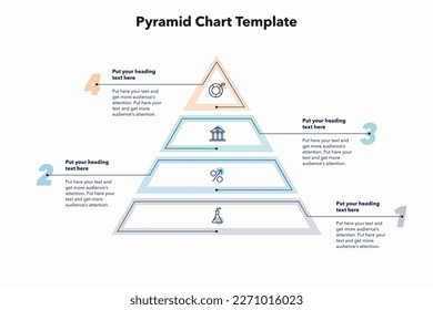 Plantilla de gráfico pirámide con cuatro pasos coloridos. Diagrama creativo dividido en cinco pasos con íconos minimalistas.