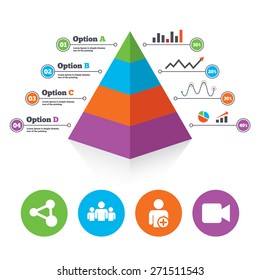 Pyramid chart template. Group of people and share icons. Add user and video camera symbols. Communication signs. Infographic progress diagram. Vector