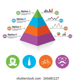 Pyramid chart template. Hipster photo camera. Mustache with beard icon. Glasses and tie symbols. Bicycle family vehicle sign. Infographic progress diagram. Vector