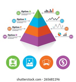 Pyramid chart template. Hipster retro photo camera with mustache icon. No flash light symbol. Landscape photo frame. Infographic progress diagram. Vector