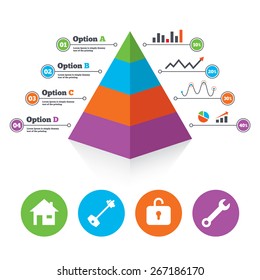 Pyramid chart template. Home key icon. Wrench service tool symbol. Locker sign. Main page web navigation. Infographic progress diagram. Vector