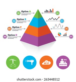 Pyramid chart template. Hotel services icons. Wi-fi, Hairdryer in room signs. Wireless Network. Hairdresser or barbershop symbol. Reception registration table. Infographic progress diagram. Vector