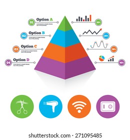 Pyramid chart template. Hotel services icons. Wi-fi, Hairdryer and deposit lock in room signs. Wireless Network. Hairdresser or barbershop symbol. Infographic progress diagram. Vector