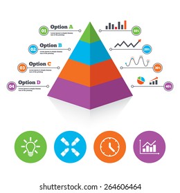 Pyramid chart template. Lamp idea and clock time icons. Graph chart diagram sign. Teamwork symbol. Infographic progress diagram. Vector