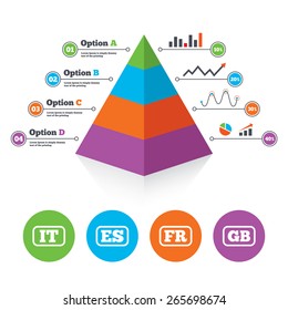 Pyramid chart template. Language icons. IT, ES, FR and GB translation symbols. Italy, Spain, France and England languages. Infographic progress diagram. Vector