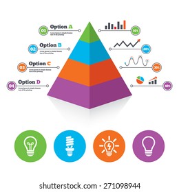 Pyramid chart template. Light lamp icons. Fluorescent lamp bulb symbols. Energy saving. Idea and success sign. Infographic progress diagram. Vector