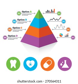 Pyramid chart template. Maternity icons. Pill, tooth, chemistry and heart signs. Blood donation symbol. Lab bulb with drops. Dental care. Infographic progress diagram. Vector