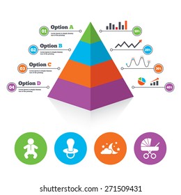 Pyramid chart template. Moon and stars symbol. Baby infants icon. Buggy and dummy signs. Child pacifier and pram stroller. Infographic progress diagram. Vector