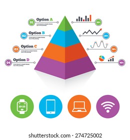 Pyramid chart template. Notebook and smartphone icons. Smart watch symbol. Wi-fi and battery energy signs. Wireless Network symbol. Mobile devices. Infographic progress diagram. Vector