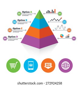 Pyramid chart template. Online shopping icons. Smartphone, shopping cart, buy now arrow and internet signs. WWW globe symbol. Infographic progress diagram. Vector