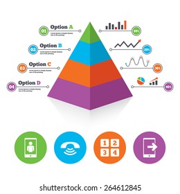 Pyramid chart template. Phone icons. Smartphone video call sign. Call center support symbol. Cellphone keyboard symbol. Infographic progress diagram. Vector
