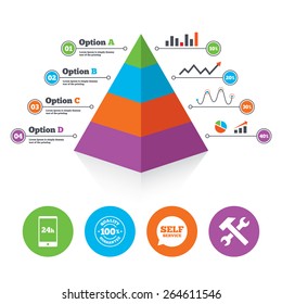Pyramid chart template. Repair fix tool icons. 24h Customer support service signs. 100% quality guarantee symbol. Hammer with wrench key. Infographic progress diagram. Vector