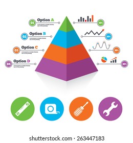 Pyramid chart template. Screwdriver and wrench key tool icons. Bubble level and tape measure roulette sign symbols. Infographic progress diagram. Vector 