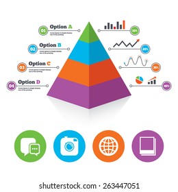 Pyramid chart template. Social media icons. Chat speech bubble and world globe symbols. Hipster photo camera sign. photo frames. Infographic progress diagram. Vector 