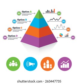 Pyramid chart template. Strike group of people icon. Megaphone loudspeaker sign. Election or voting symbol. Hands raised up. Infographic progress diagram. Vector 
