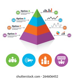 Pyramid chart template. Strike group of people icon. Megaphone loudspeaker sign. Election or voting symbol. Hands raised up. Infographic progress diagram. Vector