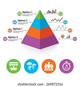 Pyramid chart template. Strike icon. Storm bad weather and group of people signs. Delayed flight symbol. Infographic progress diagram. Vector