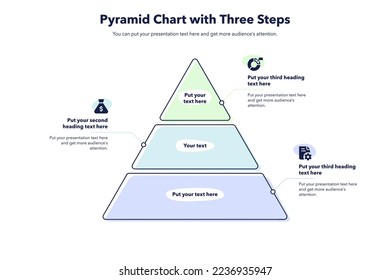 Pyramid chart template with three colorful steps. Slide for business presentation.