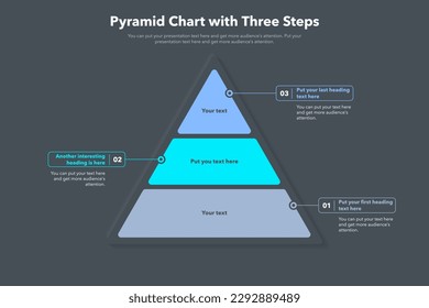 Pyramid Diagramm Vorlage mit drei bunten Schritten - dunkle Version. Kreatives Diagramm in drei Stufen unterteilt.