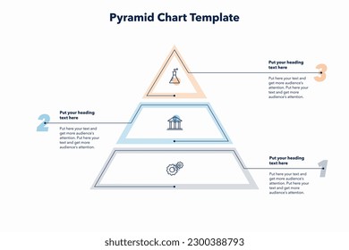 Pyramid Diagramm Vorlage mit drei bunten Schritten. Kreatives Diagramm in drei Stufen mit minimalistischen Symbolen unterteilt.