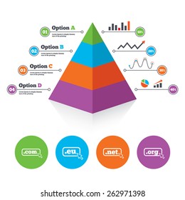 Pyramid chart template. Top-level internet domain icons. Com, Eu, Net and Org symbols with cursor pointer. Unique DNS names. Infographic progress diagram. Vector