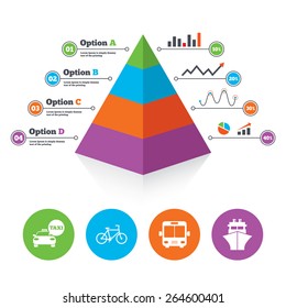 Pyramid chart template. Transport icons. Taxi car, Bicycle, Public bus and Ship signs. Shipping delivery symbol. Speech bubble sign. Infographic progress diagram. Vector
