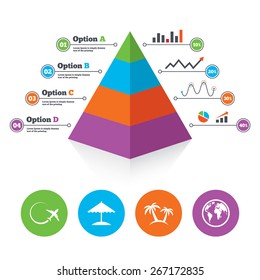 Pyramid chart template. Travel trip icon. Airplane, world globe symbols. Palm tree and Beach umbrella signs. Infographic progress diagram. Vector