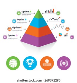Pyramid chart template. Volleyball and net icons. Winner award cup and laurel wreath symbols. Beach sport symbol. Infographic progress diagram. Vector