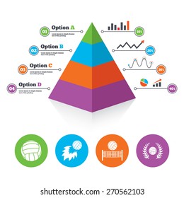 Pyramid chart template. Volleyball and net icons. Winner award laurel wreath symbols. Fireball and beach sport symbol. Infographic progress diagram. Vector