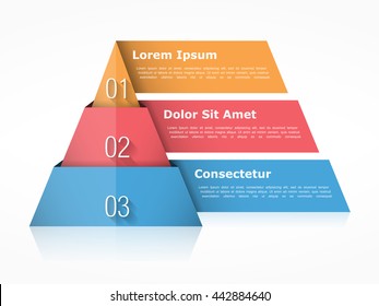 Pyramid chart with three elements with numbers and text, pyramid infographic template, pyramid diagram for presentations, vector eps10 illustration