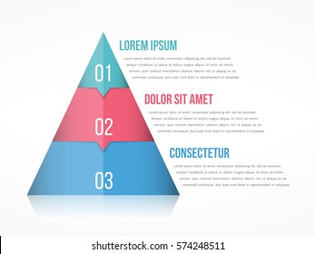 Pyramid chart with three elements with numbers and text, pyramid infographic template, vector eps10 illustration