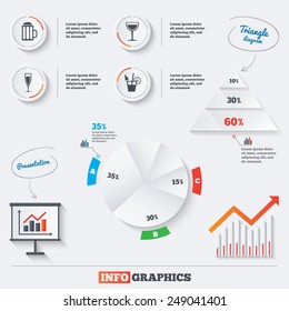 Pyramid chart with three options. Alcoholic drinks icons. Champagne sparkling wine and beer symbols. Wine glass and cocktail signs. Infographic background with pie chart and demand curve. Vector