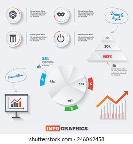Pyramid chart with three options. Anonymous mask and cogwheel gear icons. Recycle bin delete and power sign symbols. Infographic background with pie chart and demand curve. Vector